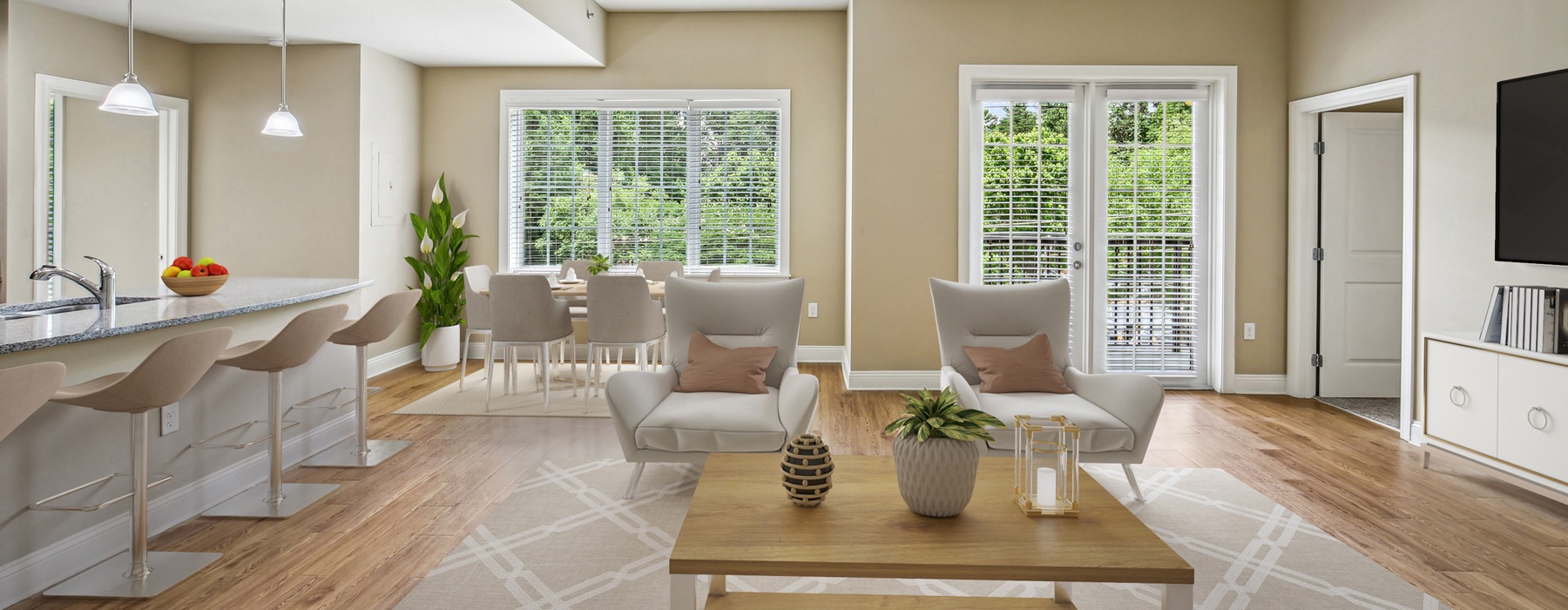 living room with two chairs and  a coffee table